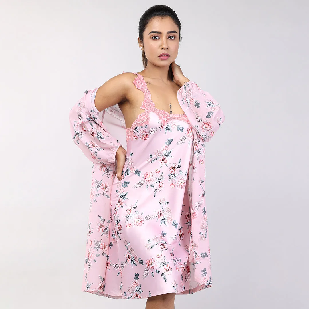 Floral Peach Women's Short Nighty Gown Set