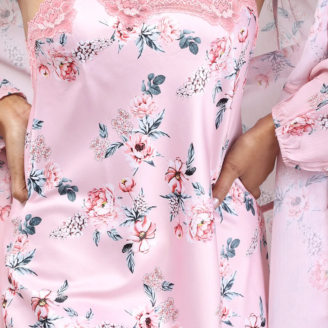 Floral Peach Women's Short Nighty Gown Set