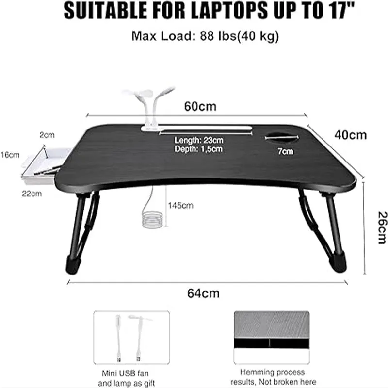 Foldable Laptop Desk for Bed with 4 USB Ports, Free Nightlight & Fan