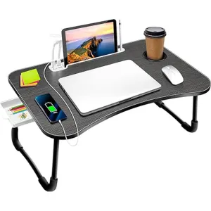 Foldable Laptop Desk for Bed with 4 USB Ports, Free Nightlight & Fan