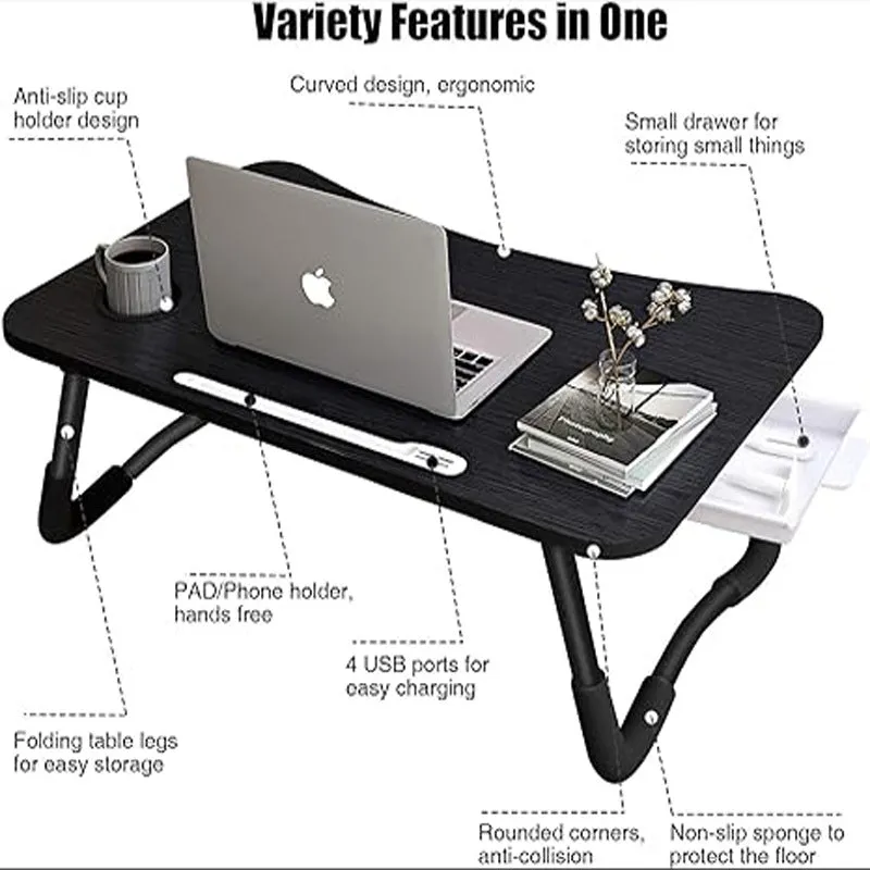 Foldable Laptop Desk for Bed with 4 USB Ports, Free Nightlight & Fan