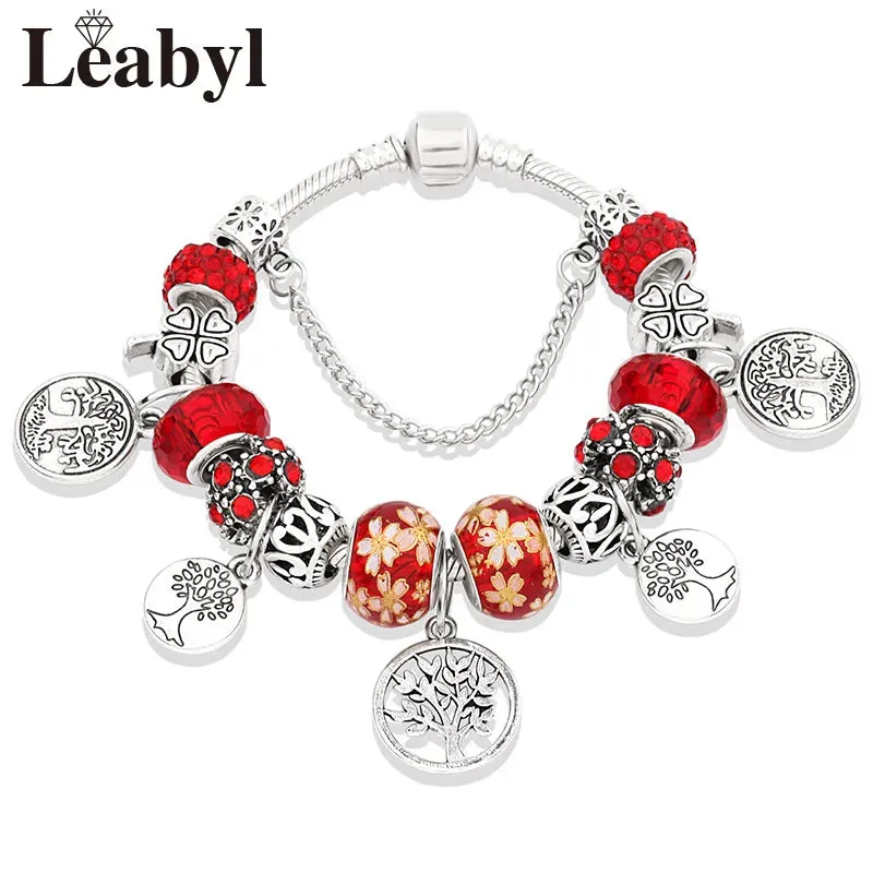 Green Leaf Floral Crystal Bead Bracelets