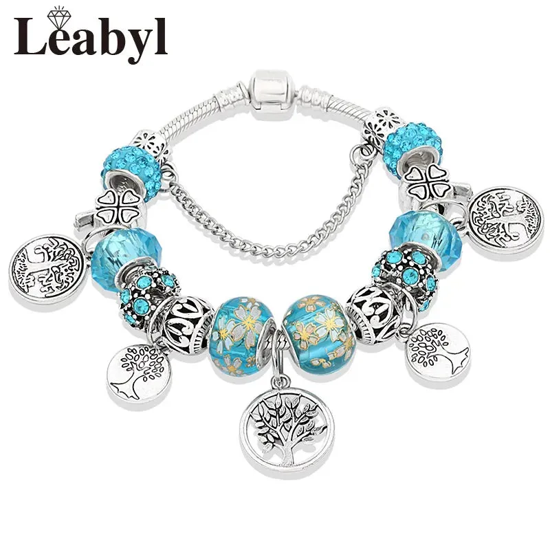 Green Leaf Floral Crystal Bead Bracelets
