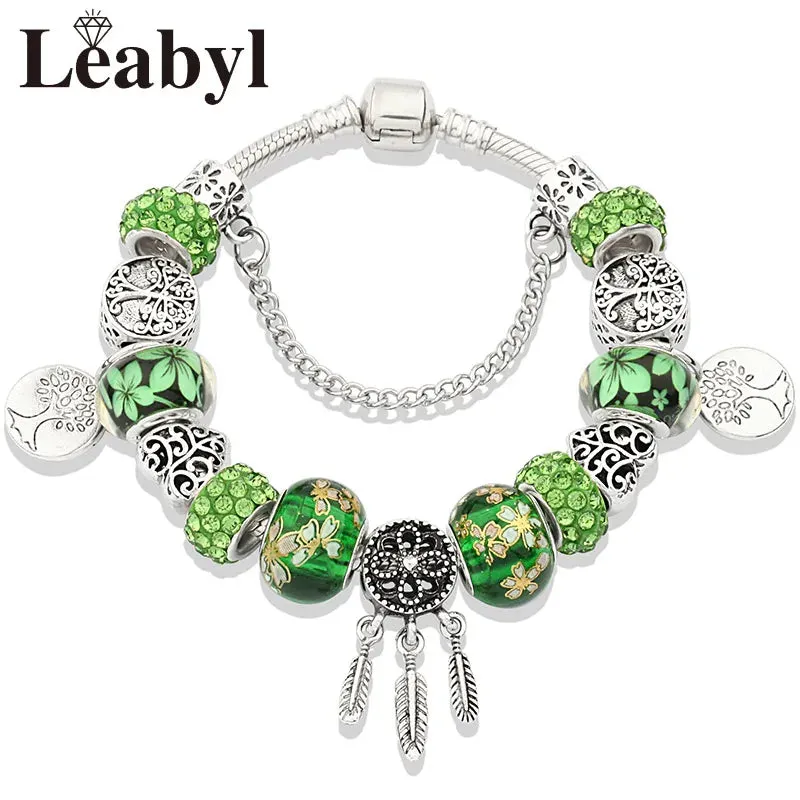 Green Leaf Floral Crystal Bead Bracelets