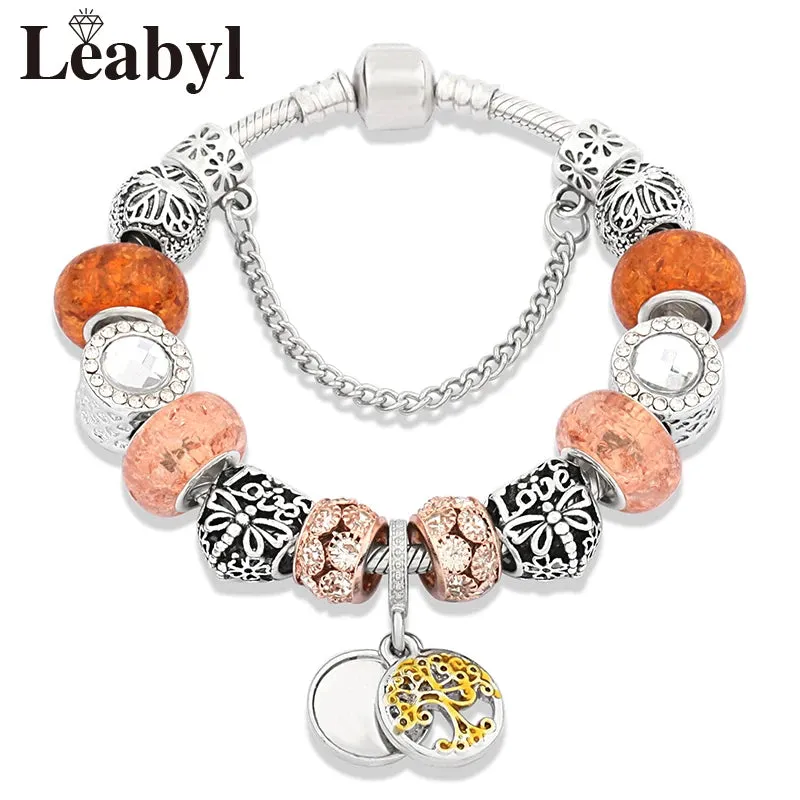 Green Leaf Floral Crystal Bead Bracelets