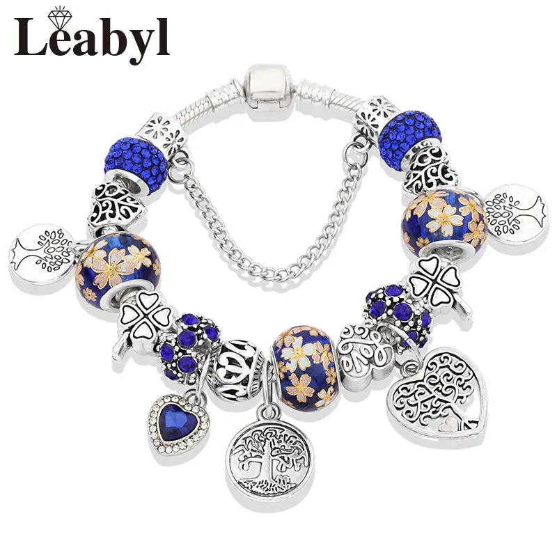 Green Leaf Floral Crystal Bead Bracelets