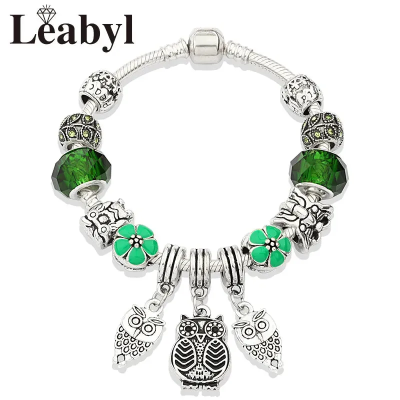 Green Leaf Floral Crystal Bead Bracelets