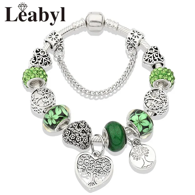 Green Leaf Floral Crystal Bead Bracelets