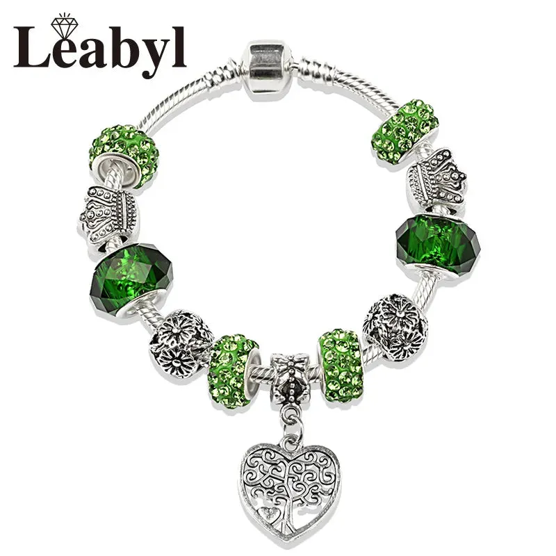 Green Leaf Floral Crystal Bead Bracelets