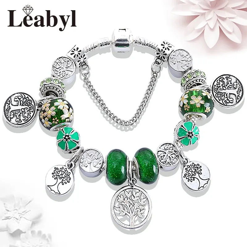 Green Leaf Floral Crystal Bead Bracelets