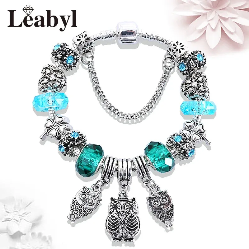 Green Leaf Floral Crystal Bead Bracelets