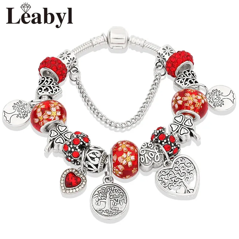 Green Leaf Floral Crystal Bead Bracelets