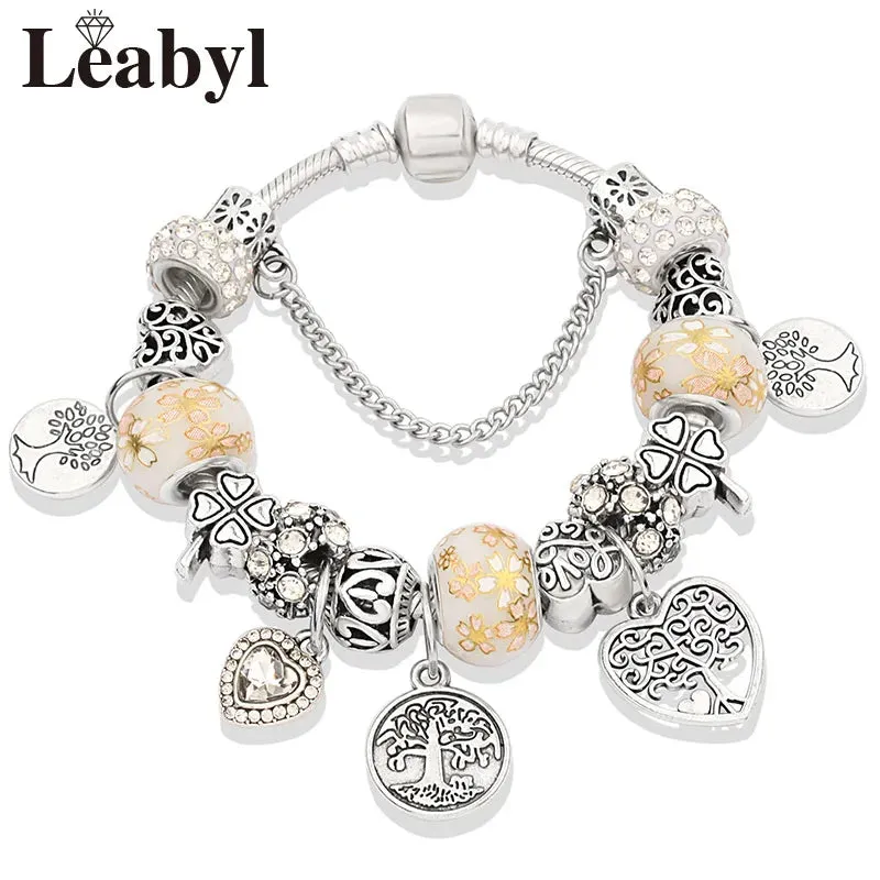 Green Leaf Floral Crystal Bead Bracelets