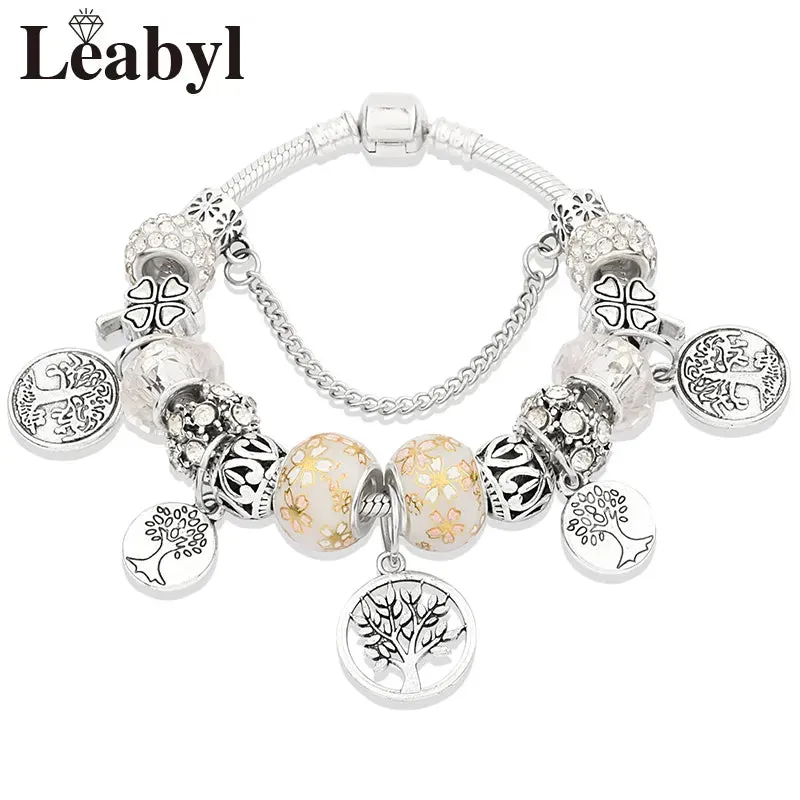 Green Leaf Floral Crystal Bead Bracelets