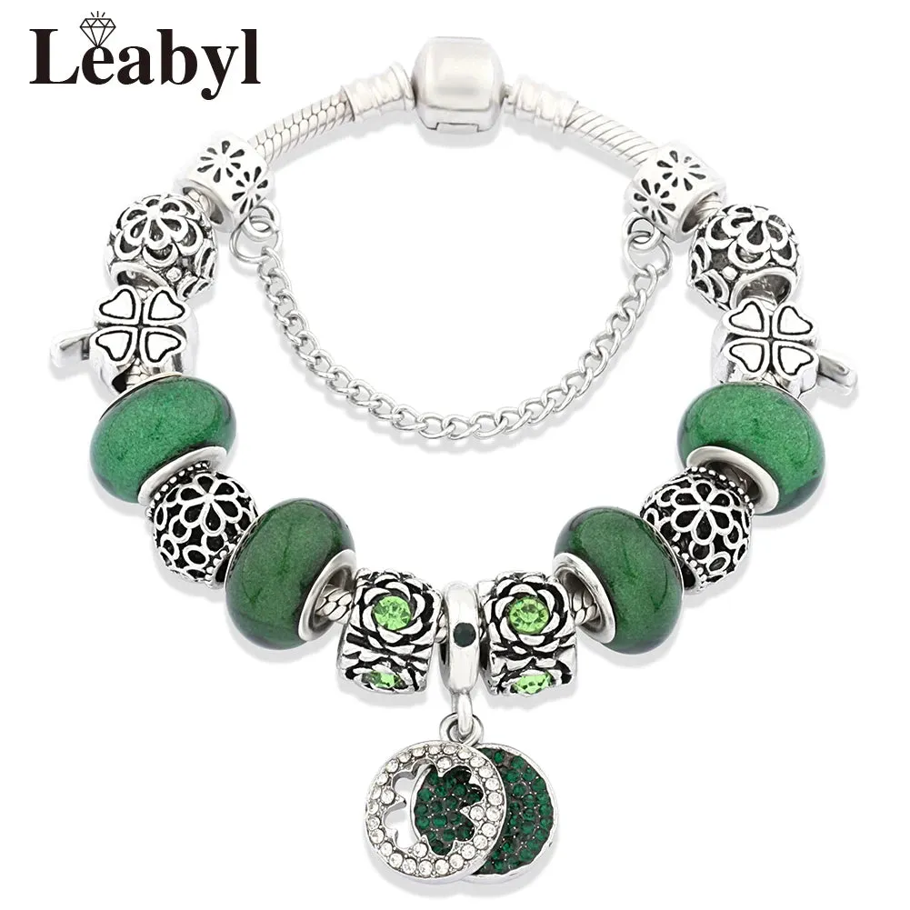 Green Leaf Floral Crystal Bead Bracelets