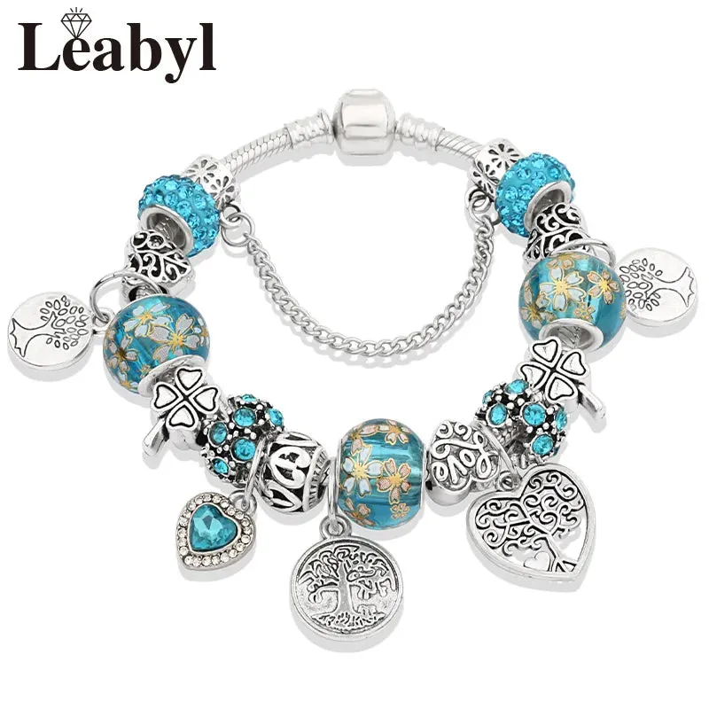 Green Leaf Floral Crystal Bead Bracelets