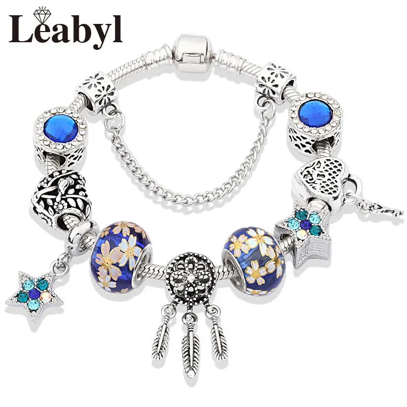 Green Leaf Floral Crystal Bead Bracelets