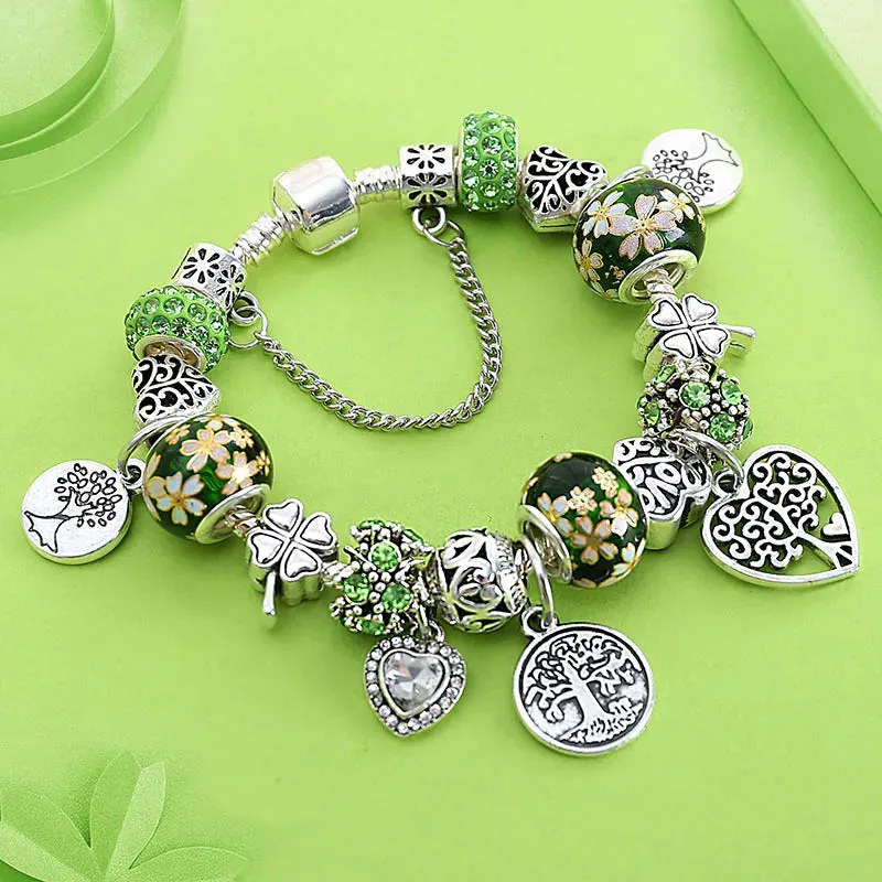 Green Leaf Floral Crystal Bead Bracelets
