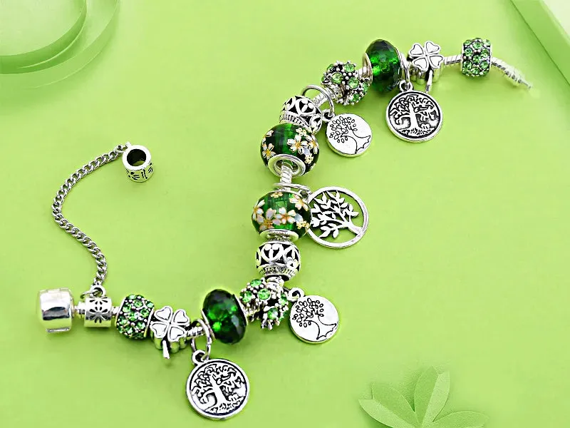 Green Leaf Floral Crystal Bead Bracelets