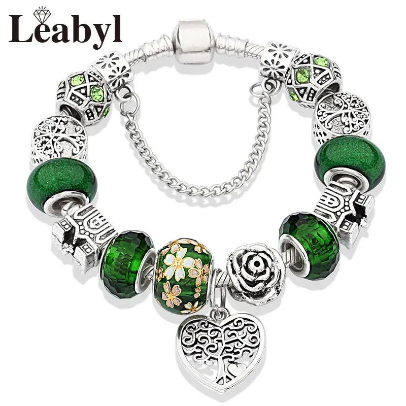 Green Leaf Floral Crystal Bead Bracelets