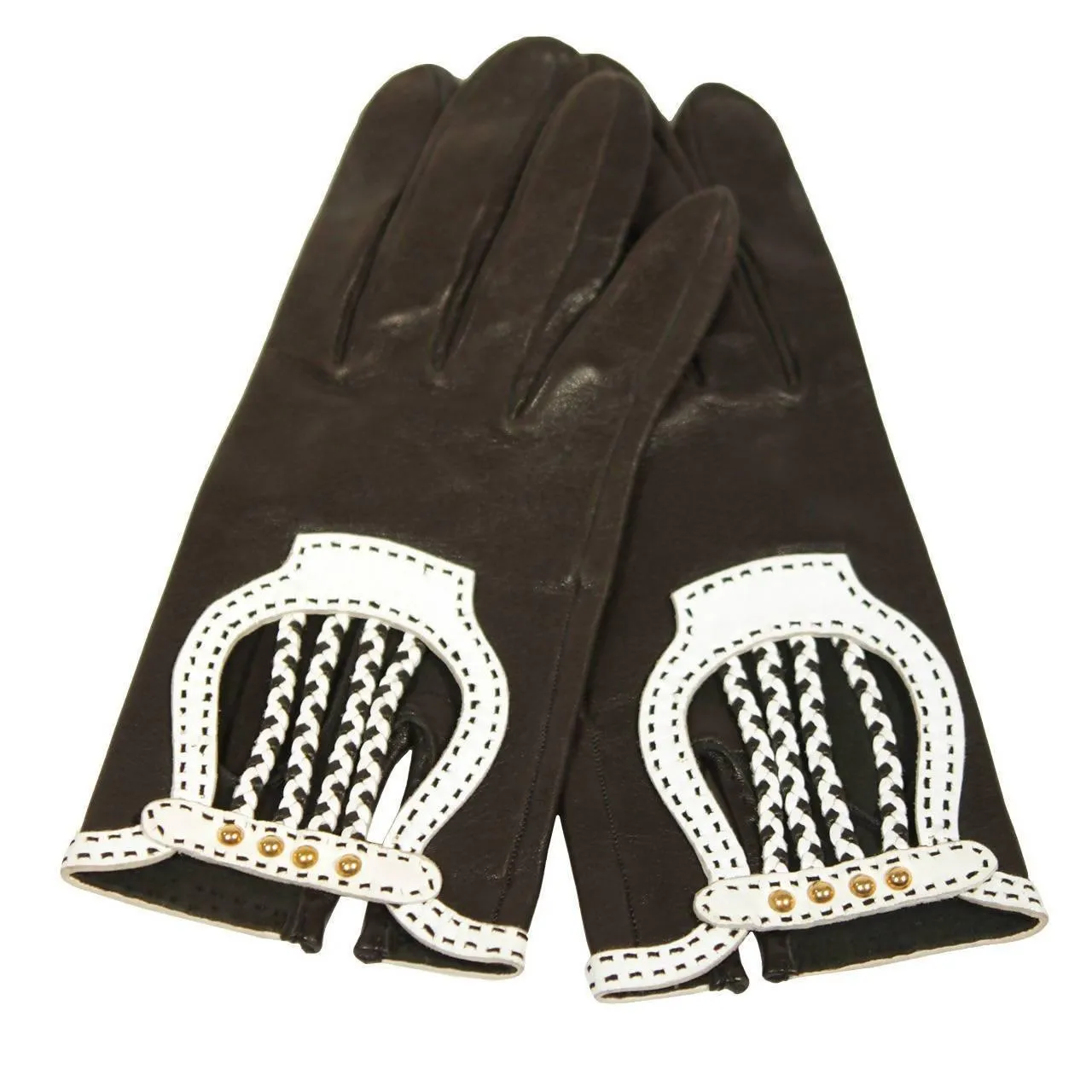 HERMES Black Leather Gloves with White Accents | Size 6 1/2