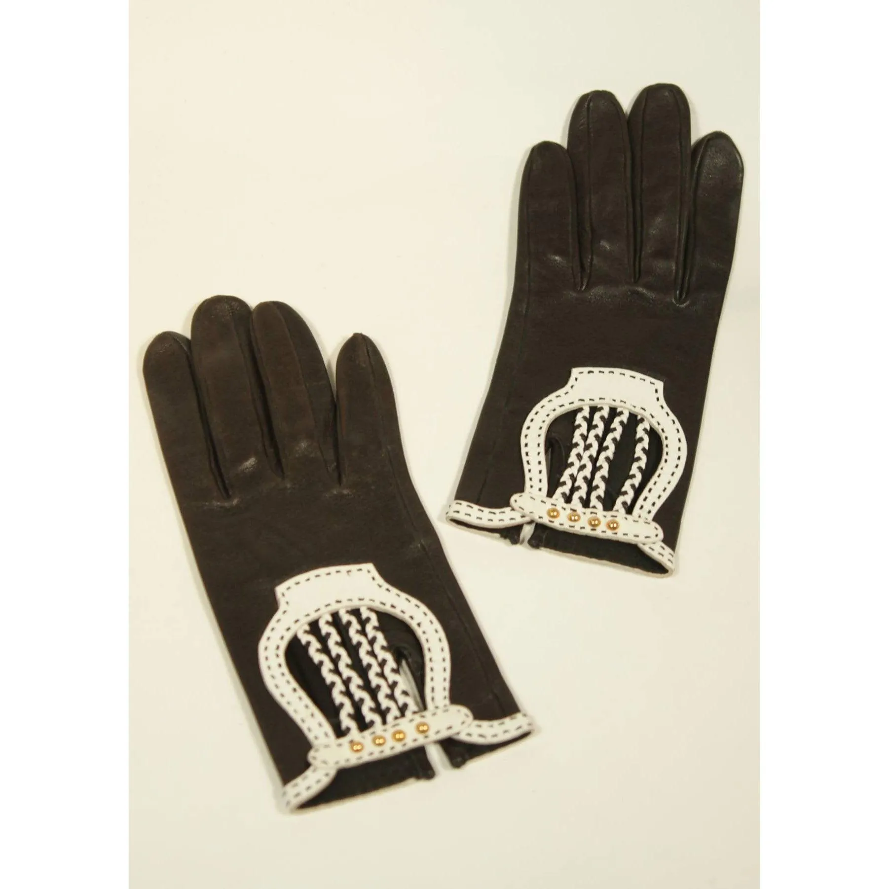 HERMES Black Leather Gloves with White Accents | Size 6 1/2