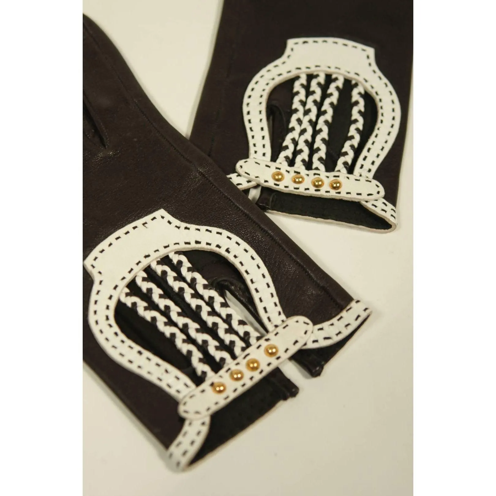 HERMES Black Leather Gloves with White Accents | Size 6 1/2