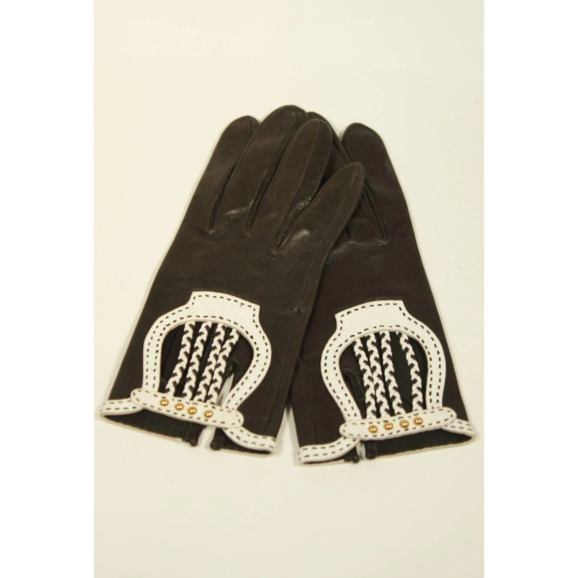 HERMES Black Leather Gloves with White Accents | Size 6 1/2