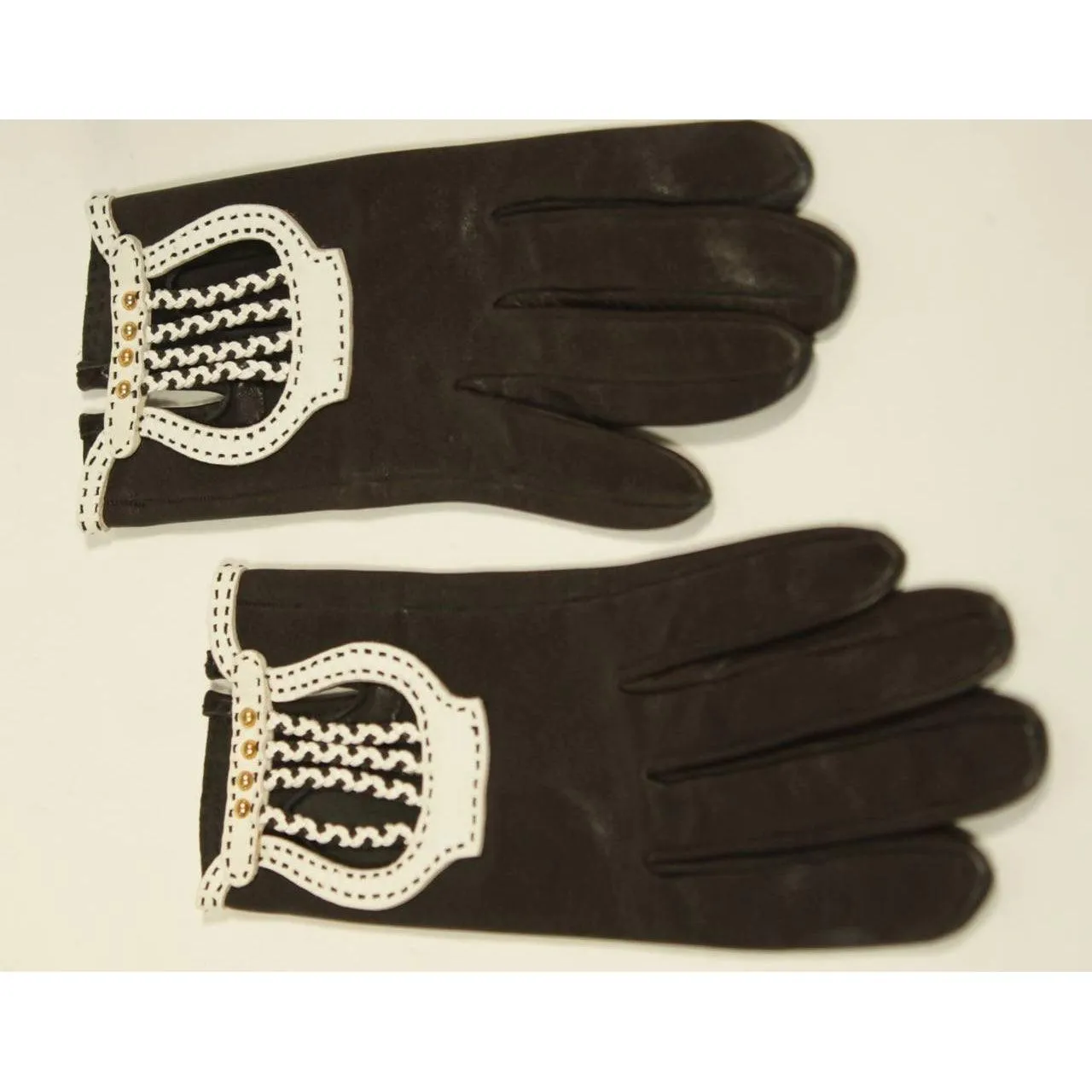 HERMES Black Leather Gloves with White Accents | Size 6 1/2