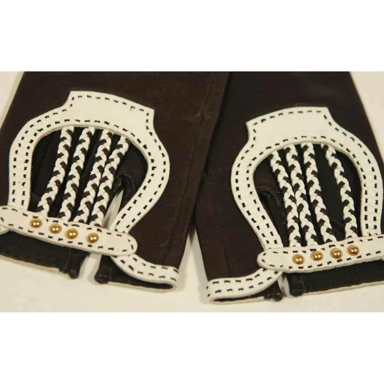 HERMES Black Leather Gloves with White Accents | Size 6 1/2
