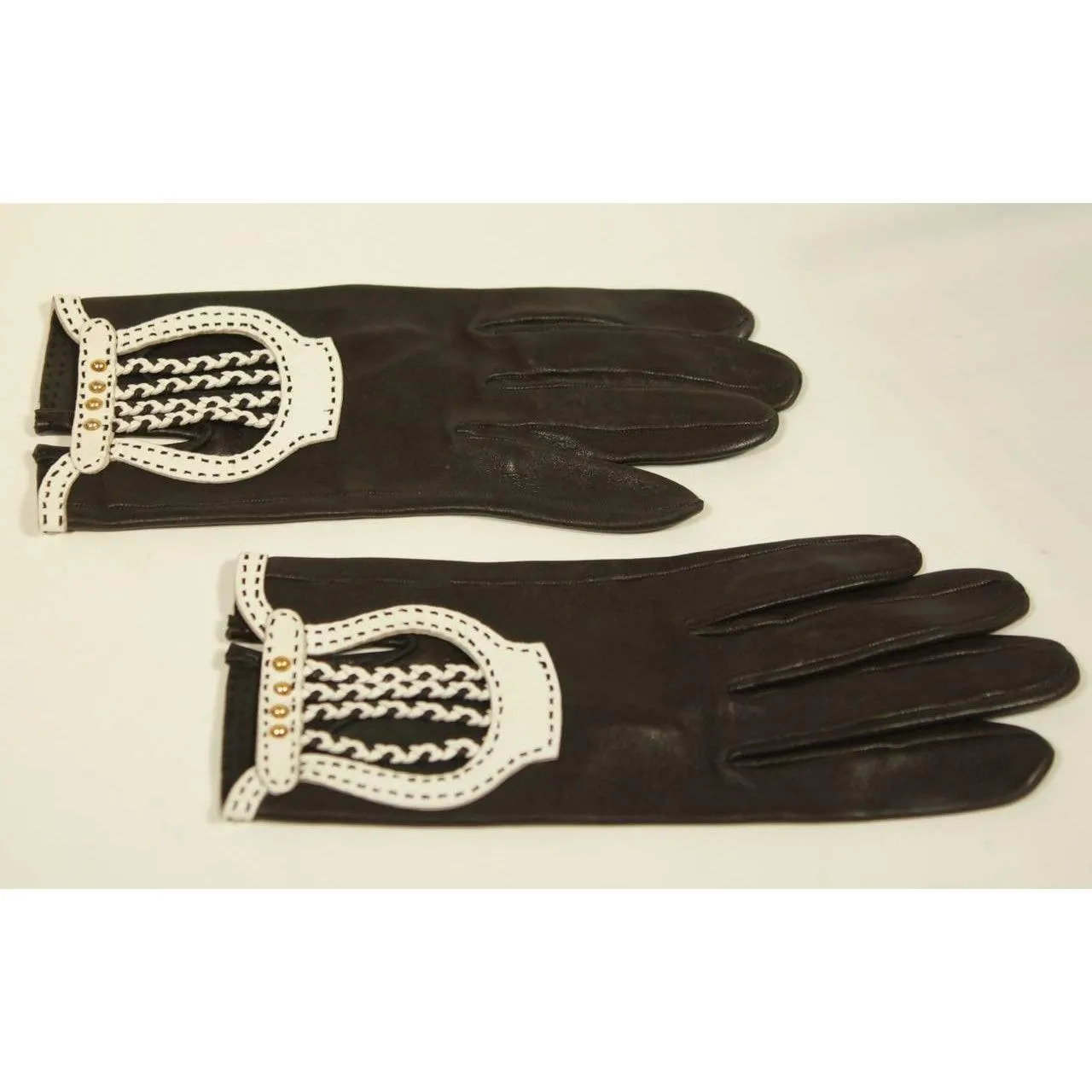 HERMES Black Leather Gloves with White Accents | Size 6 1/2