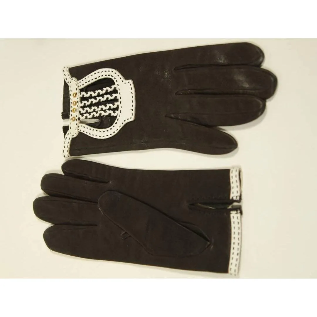 HERMES Black Leather Gloves with White Accents | Size 6 1/2