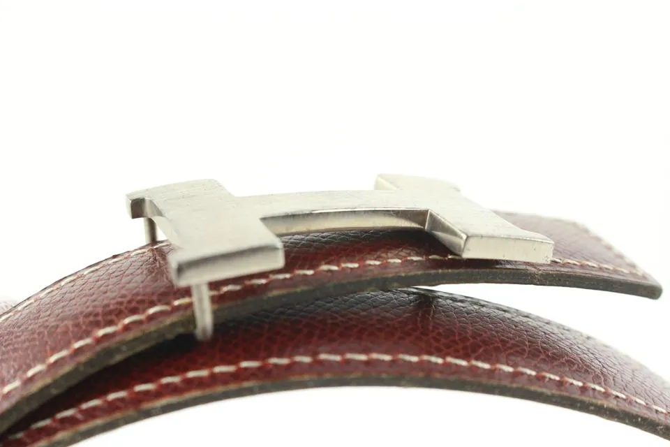 Hermès Burgundy x Black 24mm Reversible H Logo Belt Kit Matte Silver 408h528