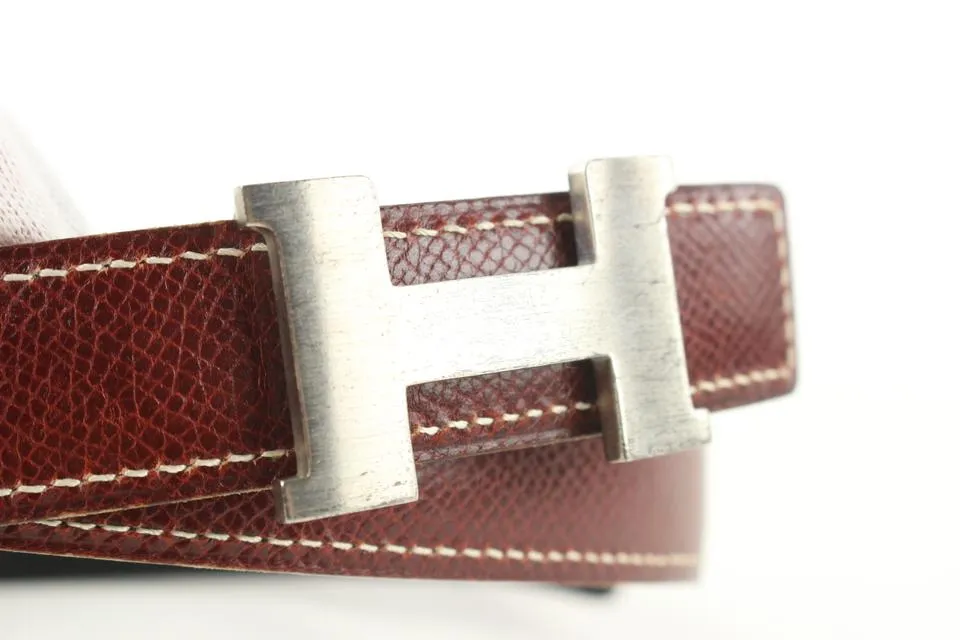 Hermès Burgundy x Black 24mm Reversible H Logo Belt Kit Matte Silver 408h528