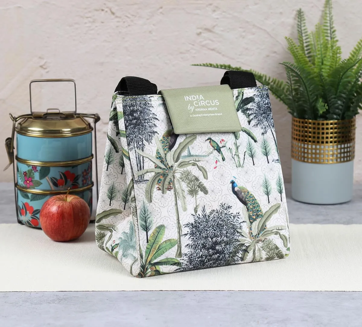India Cicus by Krsnaa Mehta Peacock Throne Paradise Lunch Bag for Office Women & Men | Printed Hot/Cold Tiffin Box & Bottle Travel Carry Bag | for School Picnic & School | Ideal for Gifting