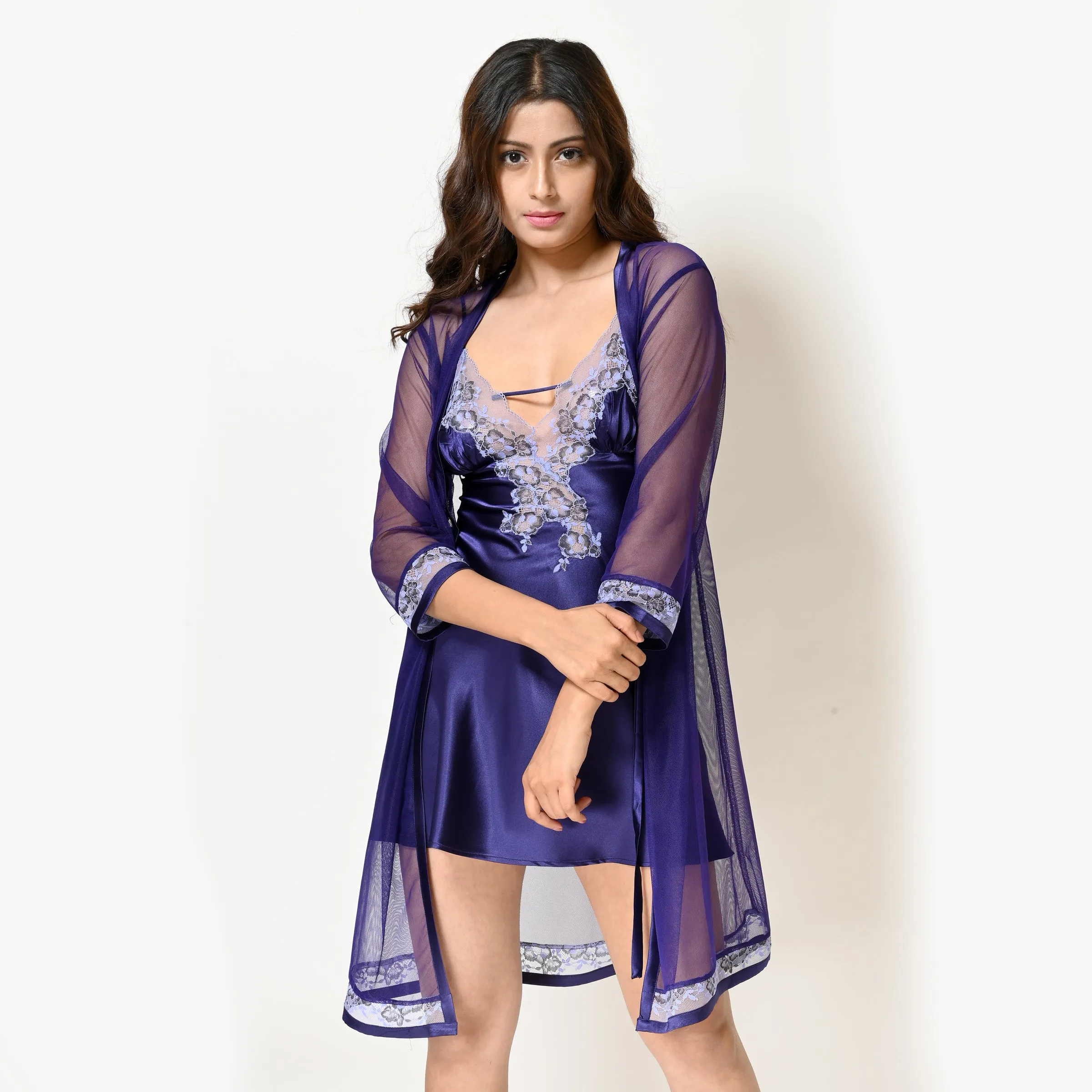Indigo Satin Short Nighty Set