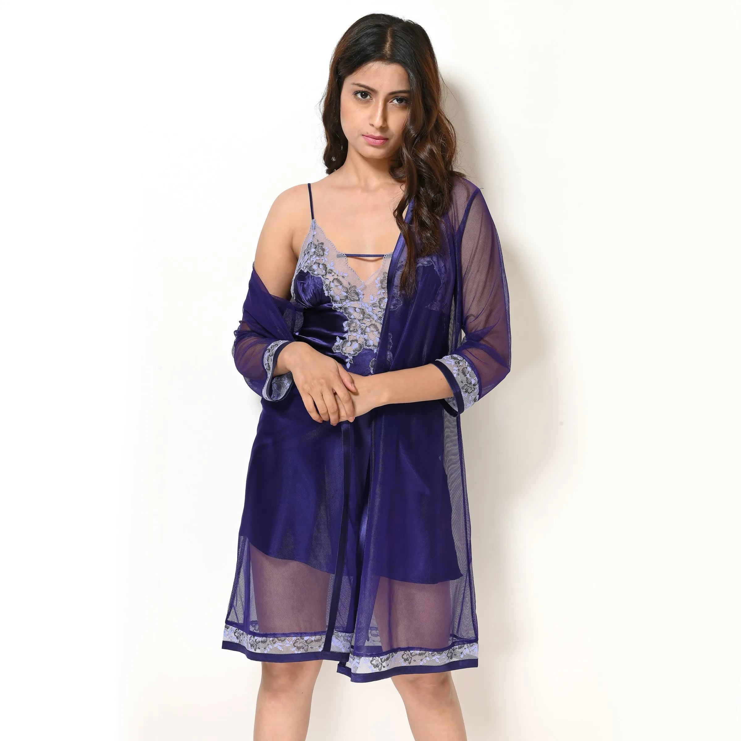 Indigo Satin Short Nighty Set
