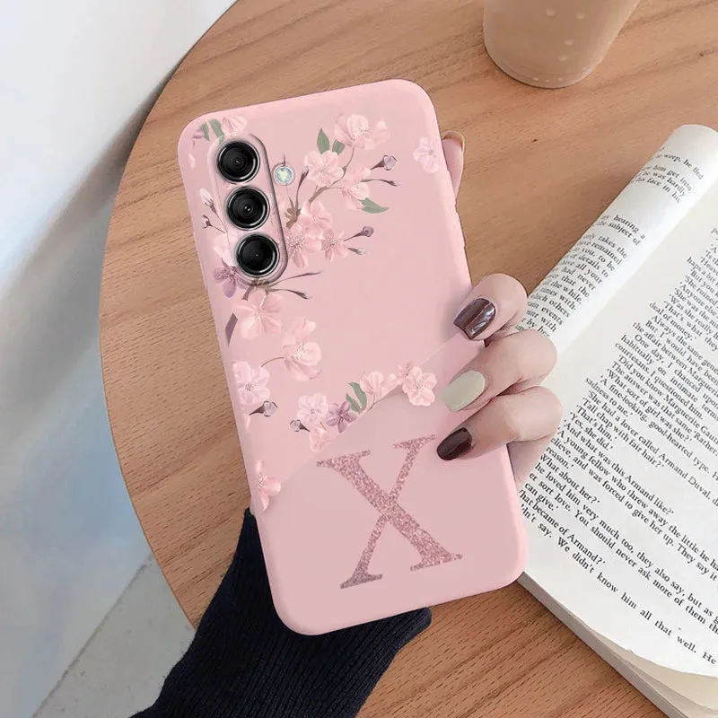 Initial Letter A Z Case For Samsung Galaxy A54 5G Cover Pink Flowers Soft Silicone Back Funda For Samsung A 54 Coque Bumper Bags