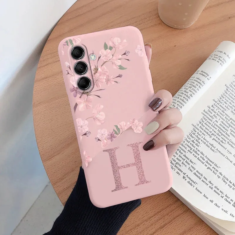 Initial Letter A Z Case For Samsung Galaxy A54 5G Cover Pink Flowers Soft Silicone Back Funda For Samsung A 54 Coque Bumper Bags