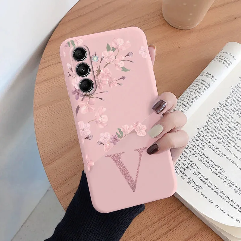 Initial Letter A Z Case For Samsung Galaxy A54 5G Cover Pink Flowers Soft Silicone Back Funda For Samsung A 54 Coque Bumper Bags