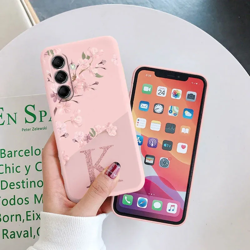 Initial Letter A Z Case For Samsung Galaxy A54 5G Cover Pink Flowers Soft Silicone Back Funda For Samsung A 54 Coque Bumper Bags