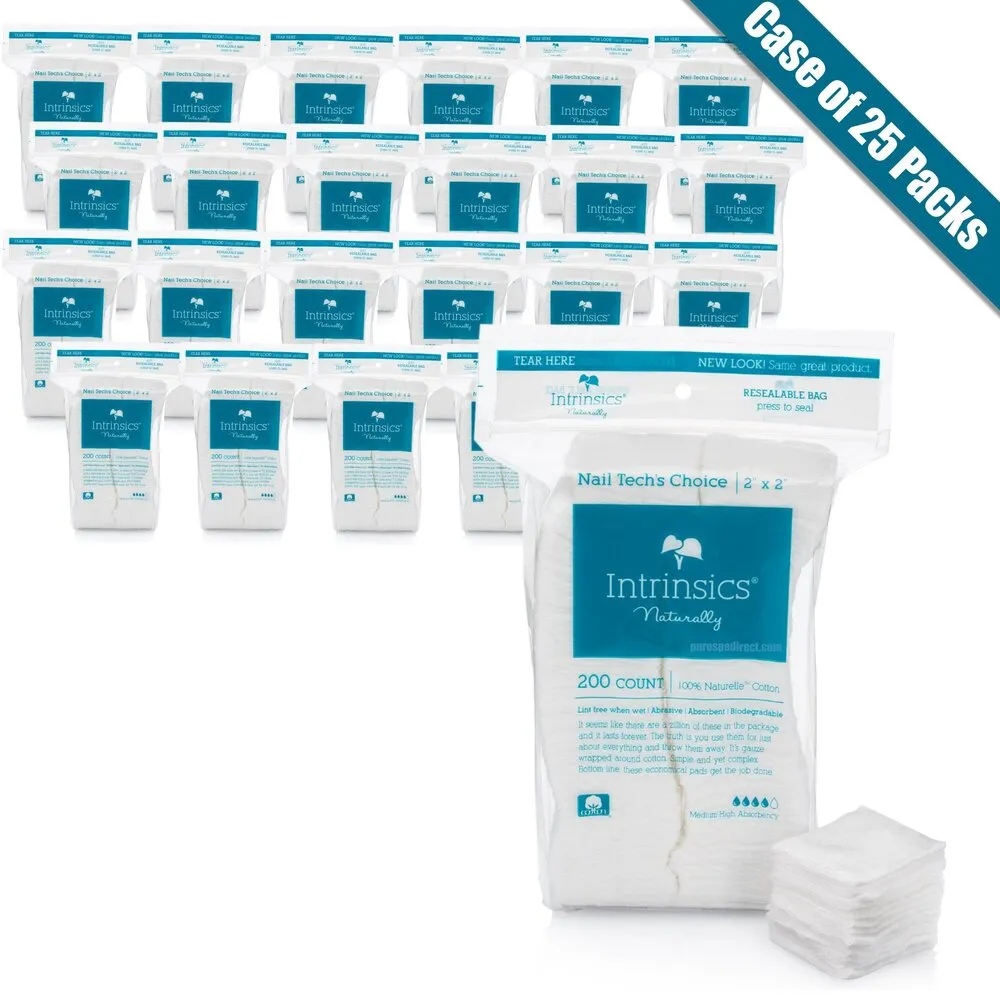 Intrinsics Nail Tech's Choice Cotton Filled Gauze - Petite - 2" X 2" - 100% Naturelle Cotton / 200 Count per Resealable Bag X 25 Bags = Case of Cotton Filled Gauze Wipes