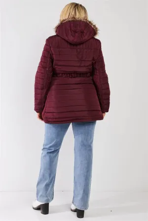 Junior Plus Wine Parallel Quilt Faux Fur Hood Belted Padded Long Puffer Jacket
