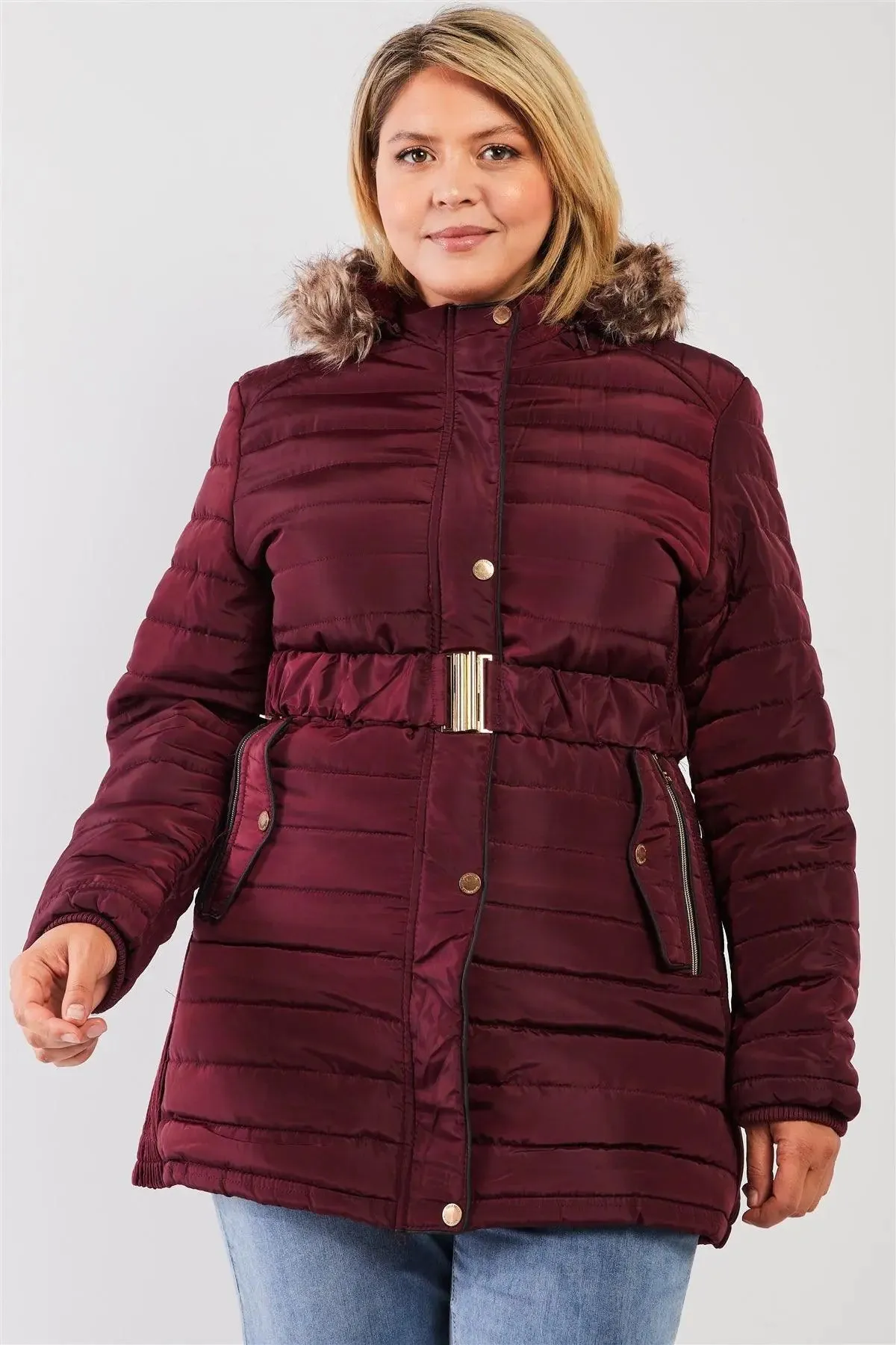 Junior Plus Wine Parallel Quilt Faux Fur Hood Belted Padded Long Puffer Jacket