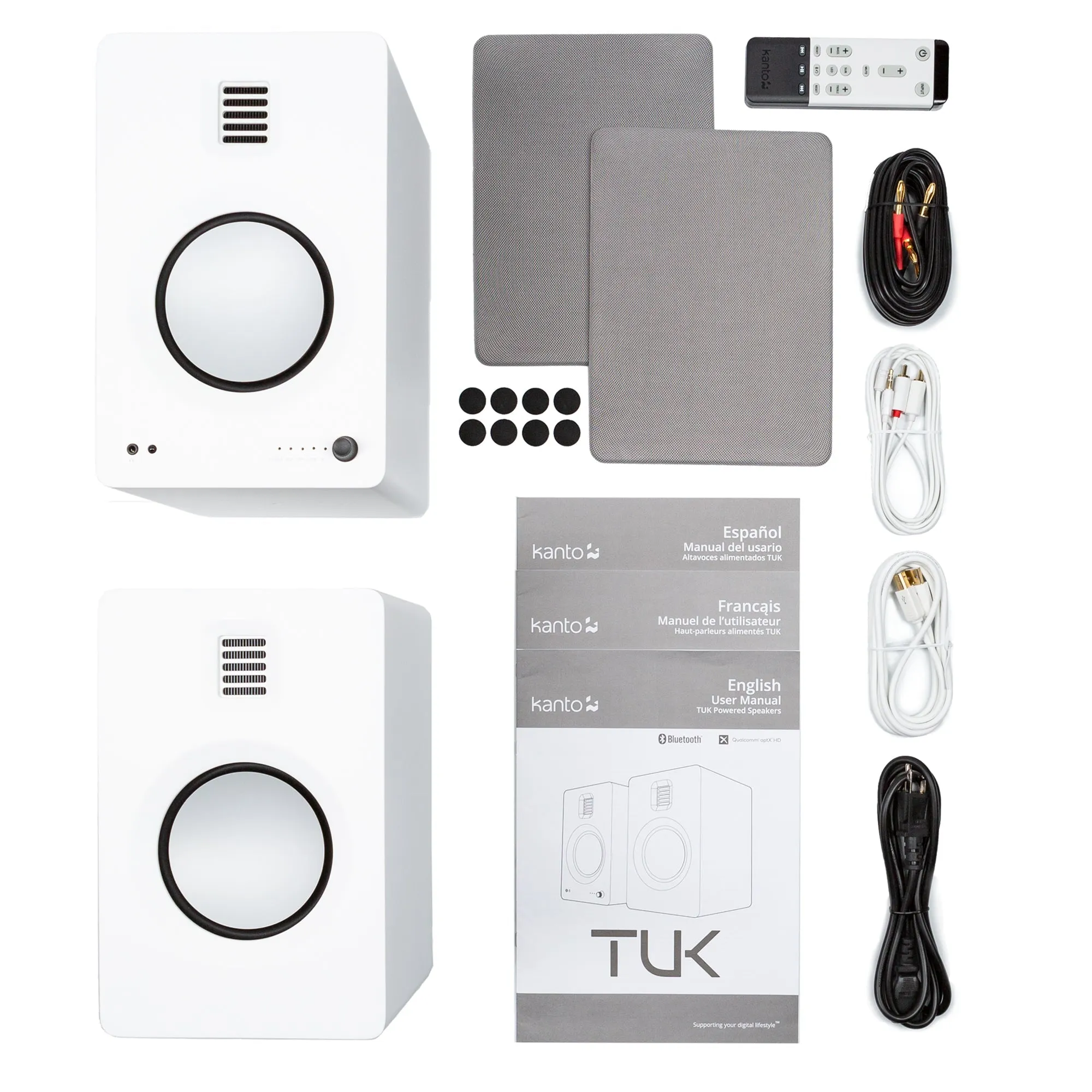 Kanto TUK 260W Powered Bookshelf Speakers with Headphone Out, USB Input, Dedicated Phono Pre-amp, Bluetooth - Pair, Matte White with SX26W White Stand Bundle