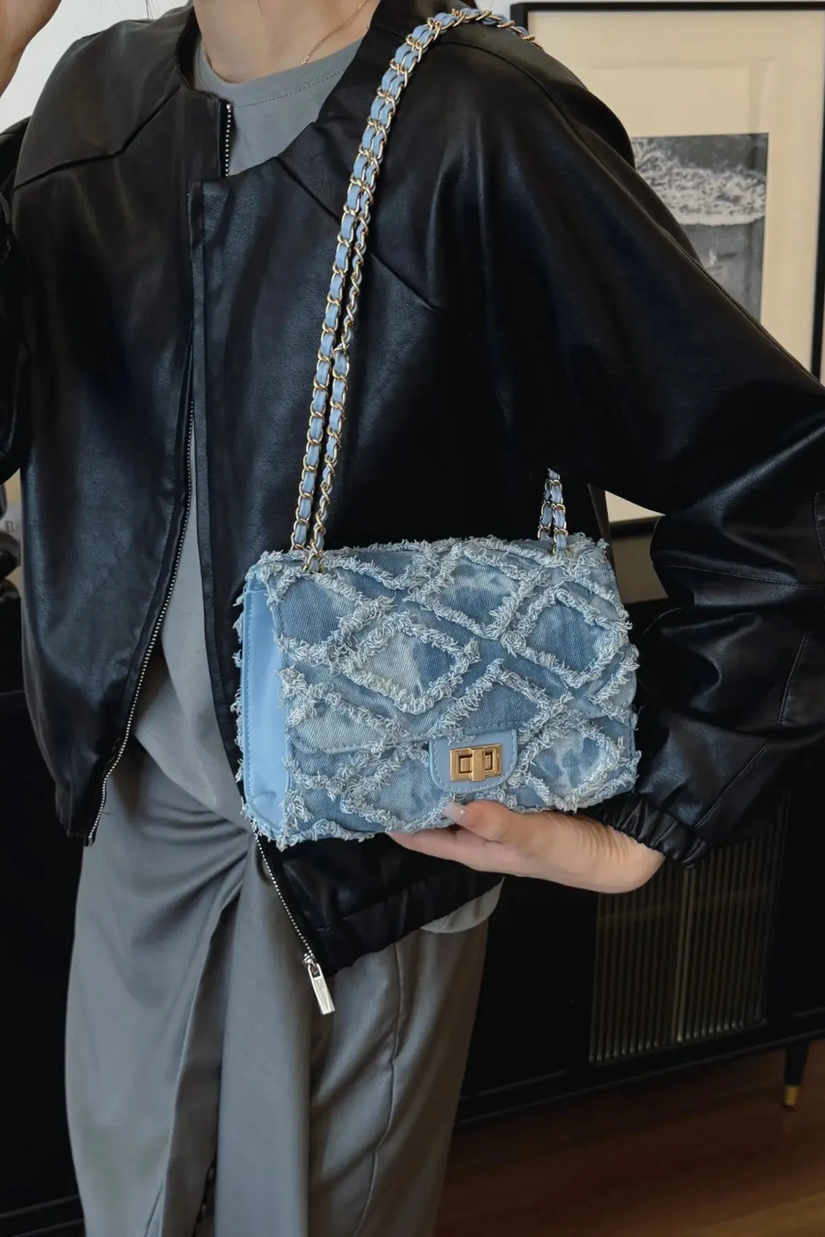'Kehlani' Textured Denim Crossbody Bag