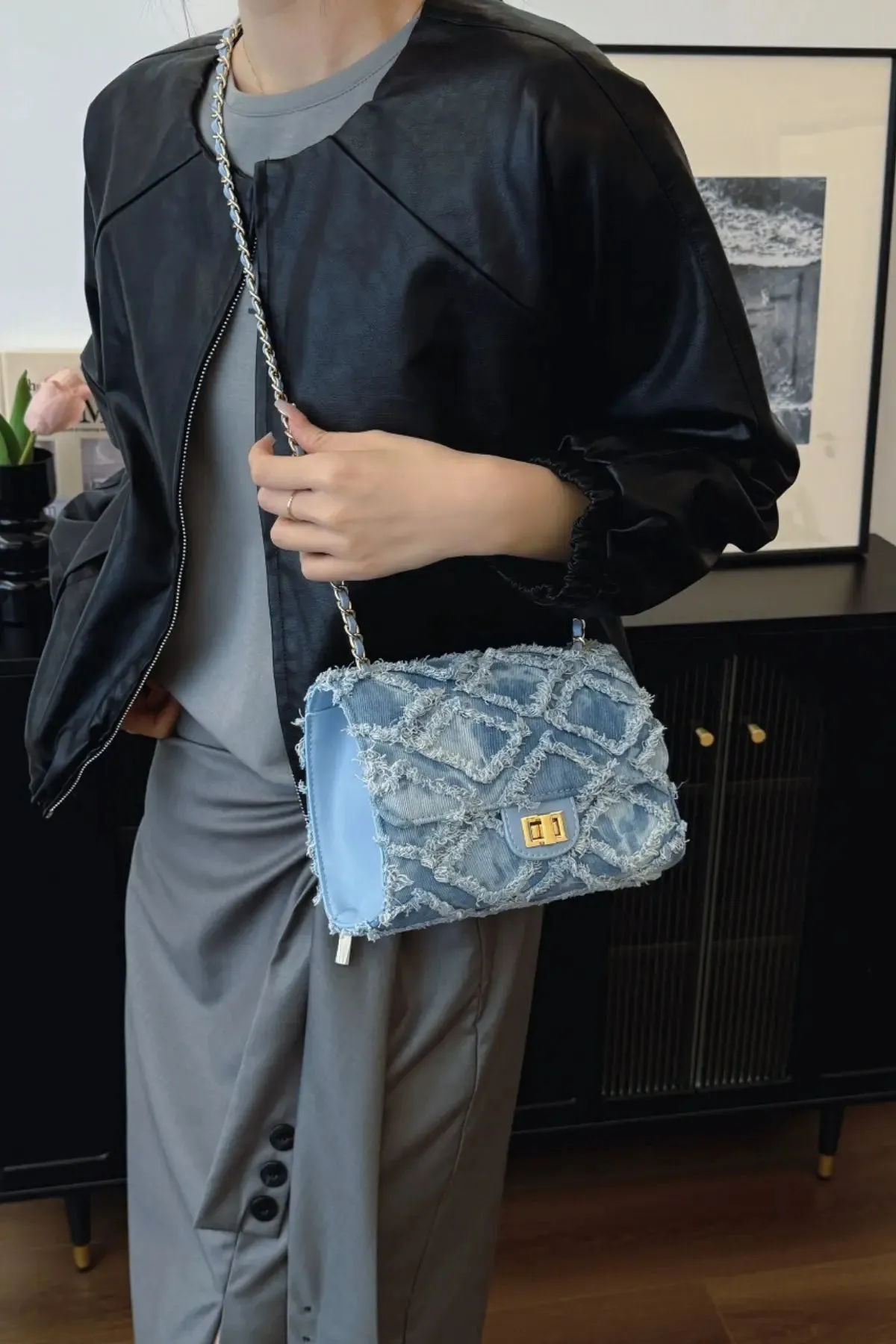 'Kehlani' Textured Denim Crossbody Bag