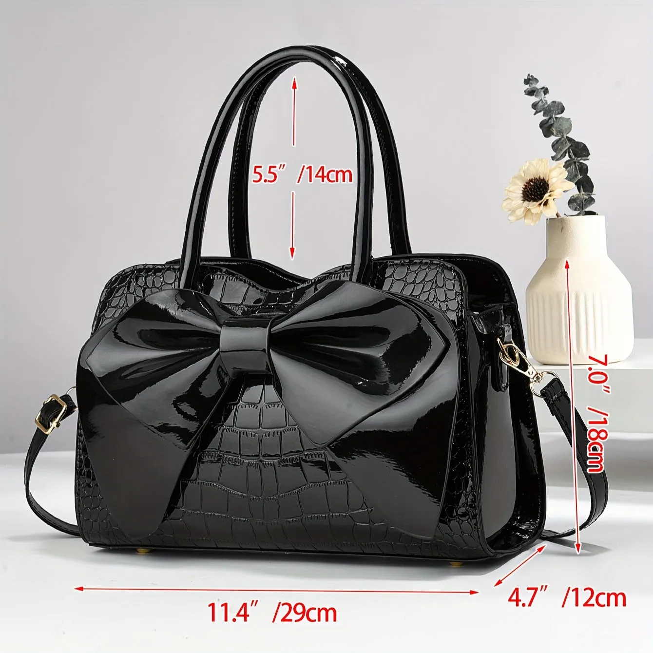 Large Capacity Stylish Tote Bag – Glossy Finish with Bow Accent & Crocodile Texture