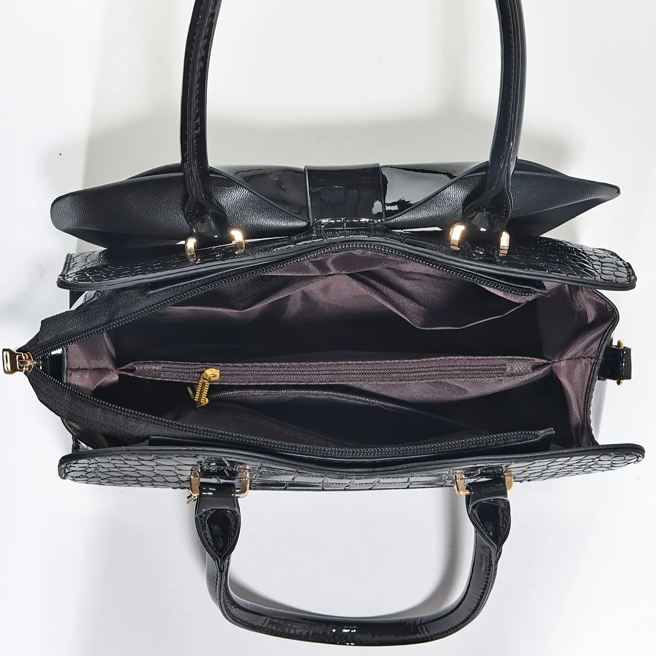 Large Capacity Stylish Tote Bag – Glossy Finish with Bow Accent & Crocodile Texture