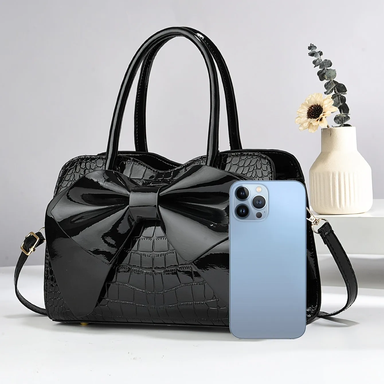 Large Capacity Stylish Tote Bag – Glossy Finish with Bow Accent & Crocodile Texture